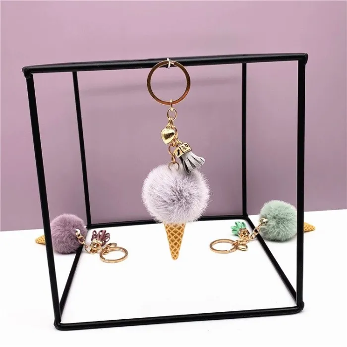 Metal keychain - with a fluffy ice cream pendant
