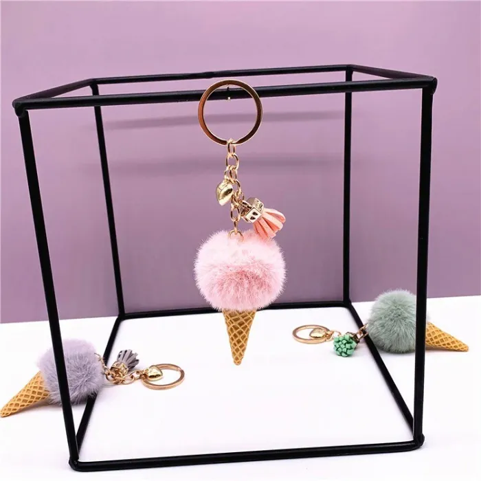 Metal keychain - with a fluffy ice cream pendant