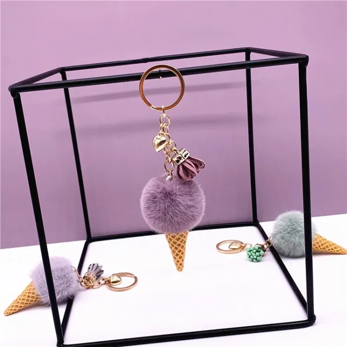 Metal keychain - with a fluffy ice cream pendant