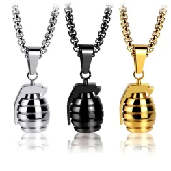 Hand grenade pendant - with necklace - stainless steel