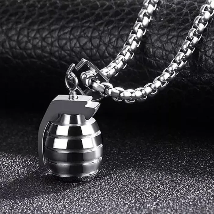 Hand grenade pendant - with necklace - stainless steel