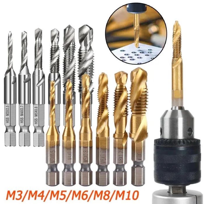 HSS-bor - sekskantskaft - metrisk tappekran - titanbelagt - M3 / M4 / M5 / M6 / M8 / M10 - 6 / 7 stykker