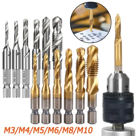 HSS-bor - sekskantskaft - metrisk tappekran - titanbelagt - M3 / M4 / M5 / M6 / M8 / M10 - 6 / 7 stykker