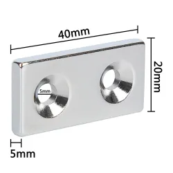 N52 - neodymium magnet - strong countersunk block - 40mm * 20mm * 5mm - with double 5mm hole - 3 pieces