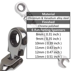 Flexibele ratelsleutel - metrische moersleutel - open einde / ring - 8mm - 13mmMoersleutels