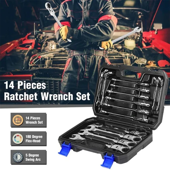 Auto multitool - ratelsleutel set - draaibaar - 14 stuksMoersleutels
