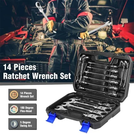 Auto multitool - ratelsleutel set - draaibaar - 14 stuksMoersleutels