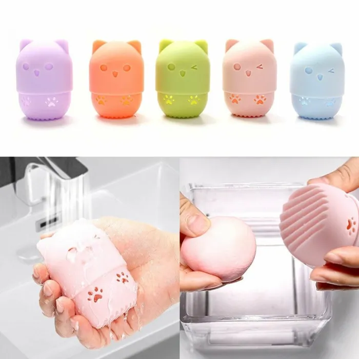 Cosmetische spons opbergdoos - siliconen droog- / reinigingskoffer - kittenvormKwasten