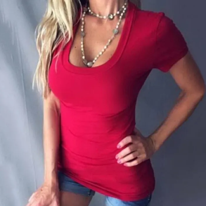 Klassiek zomer t-shirt - diepe V-hals - korte mouw - grote maatBlouses & overhemden