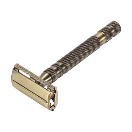 Manual razor - double-sided - long non-slip handle - quick blade replacement - brass