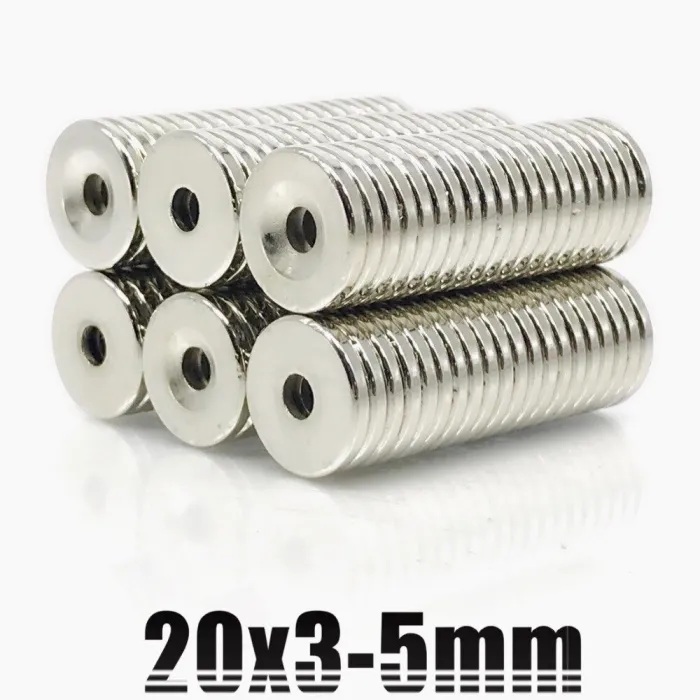 N35 - magnes neodymowy - okrągła tarcza z łbem stożkowym - 20 * 3mm - z otworem 5mmN35