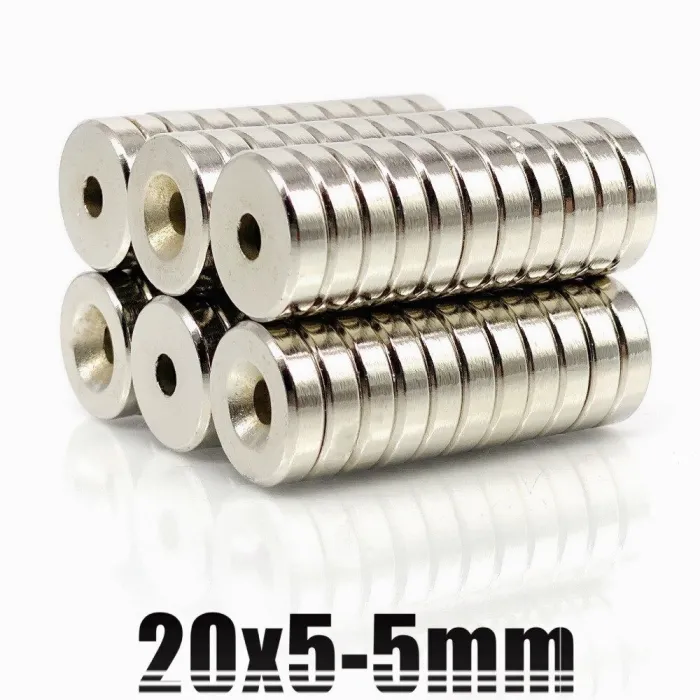 N35 - magnes neodymowy - okrągła tarcza z łbem stożkowym - 20 * 5mm - z otworem 5mmN35