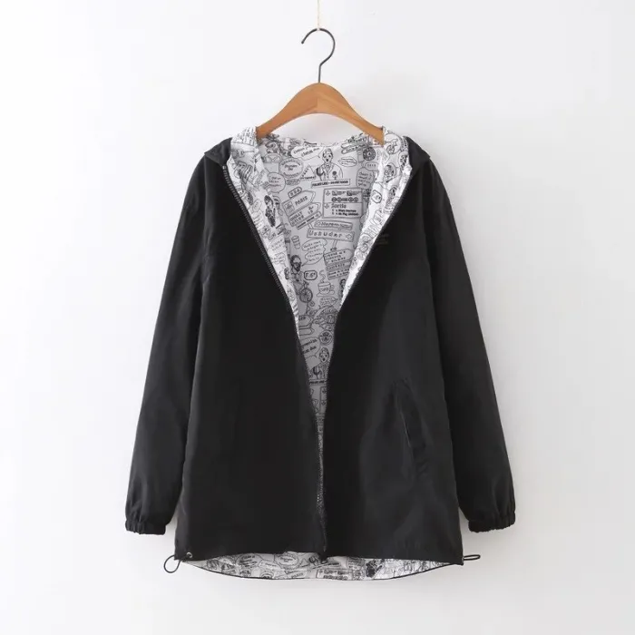 Kurtka wiosenno-jesienna z kapturem - dwustronna - zapinana na zamek - nadruk kreskówkowyKurtki
