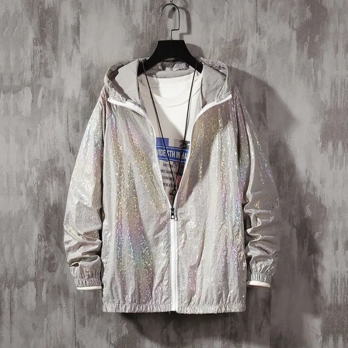 Bunte Damen-Bomberjacke - dünne Windjacke - reflektierende Kapuzenjacke