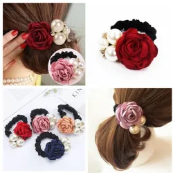 Elegant elastic hair band - with roses / pearls
