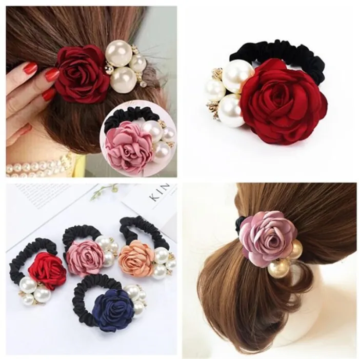Elegant elastic hair band - with roses / pearls