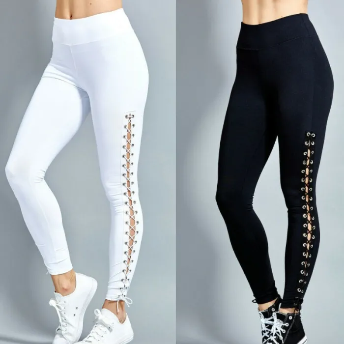 Modne legginsy - wysoki stan - ozdobne wiązanie z bokuSpodnie