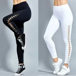 Fashionable leggings - high waist - decorative side lace-up