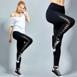 Modieuze legging - hoge taille - decoratieve veters aan de zijkantBroeken