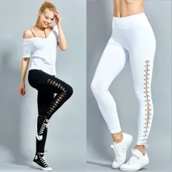 Fashionable leggings - high waist - decorative side lace-up