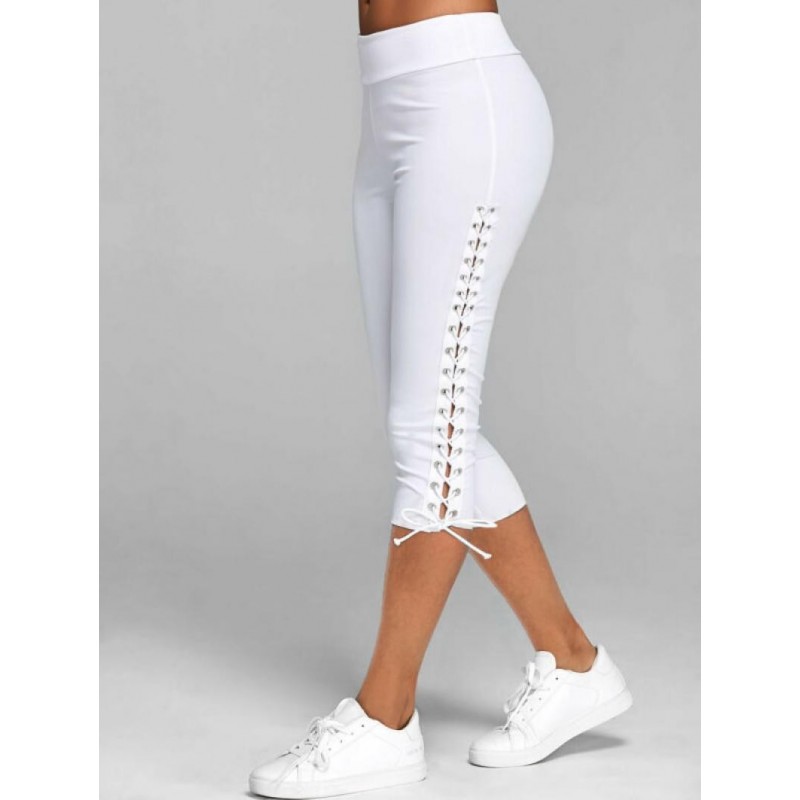 Womens Casual Skinny Leggings Lace Up Capri Pants Jeggings Trousers Pure Color Tied Mid Waist Casual Sports Pants