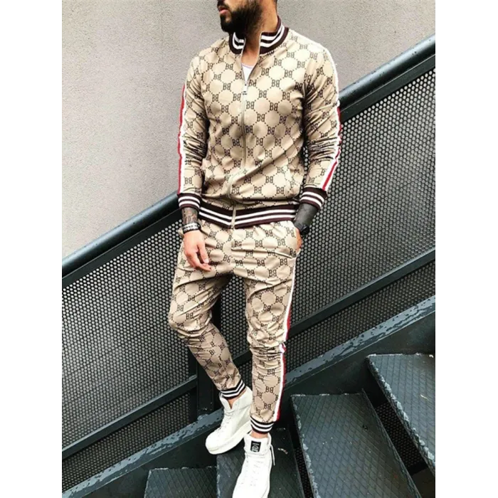Modischer Sport-Trainingsanzug - Sweatshirt mit Reißverschluss / lange Hose - Slim Fit - 3D-Druck