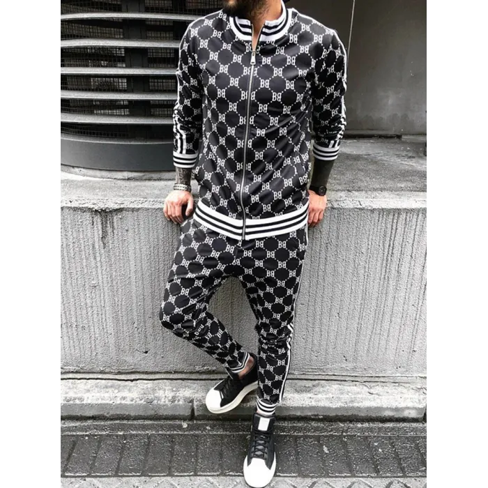 Fashionable sports tracksuit - sweatshirt with a zipper / long pants - slim fit - 3D printing