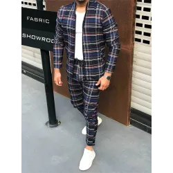 Trendy heren plaid set - vest met rits / opstaande kraag / lange broek - slim fitBroeken