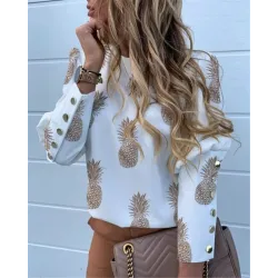 Elegante lockere Bluse - Langarmshirt - mit Zierknöpfen - Ananas-Print