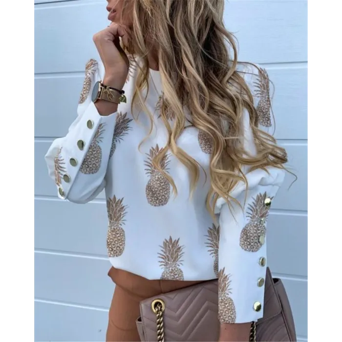 Elegante losse blouse - shirt met lange mouwen - met decoratieve knopen - ananasprintBlouses & overhemden