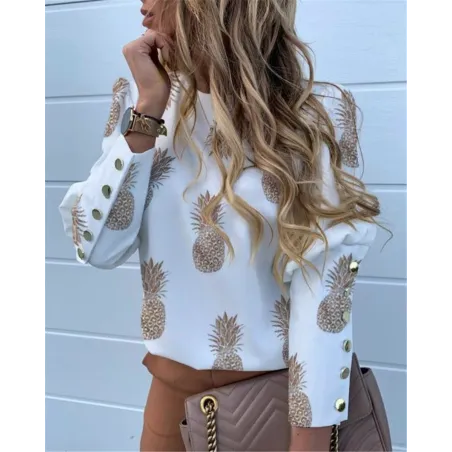 Elegante lockere Bluse - Langarmshirt - mit Zierknöpfen - Ananas-Print