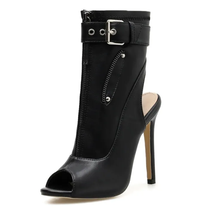 Sexy High Heel Stiefel - mit Reißverschlüssen / Schnalle - Knöchellang - offene Spitze / Ferse
