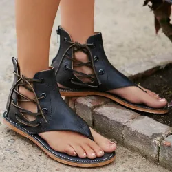 Sommer-Vintage-Sandalen - flache Gladiatoren - mit rückseitigem Reißverschluss / Schnürsenkel