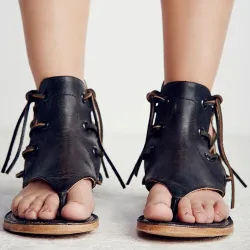 Sommer-Vintage-Sandalen - flache Gladiatoren - mit rückseitigem Reißverschluss / Schnürsenkel