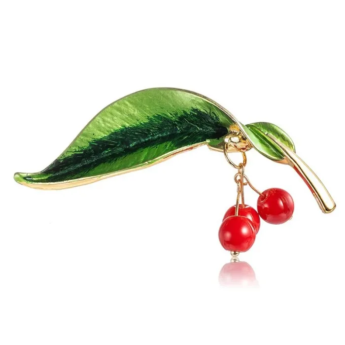 Zielony liść / 3 wiśnie - elegancka broszkaBroszki