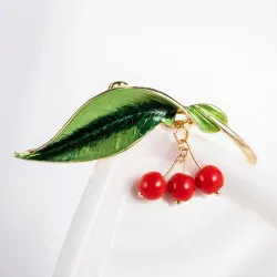 Green leaf / 3 cherries - elegant brooch