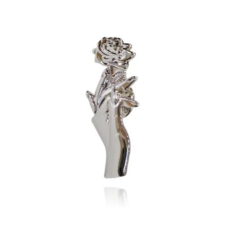 Silver brooch with a hand holding rose - pin