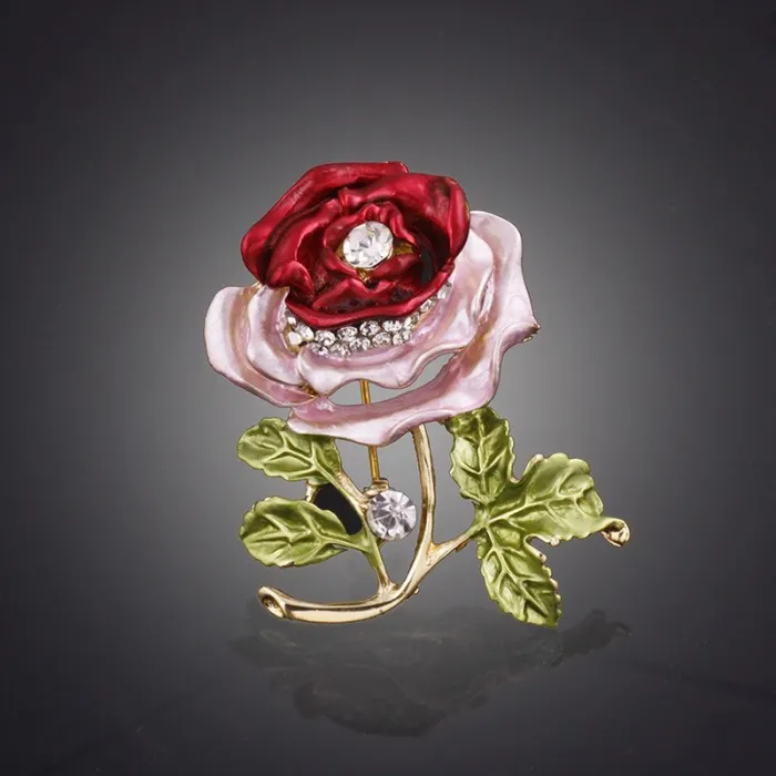 Crystal double color rose with crystal - brooch