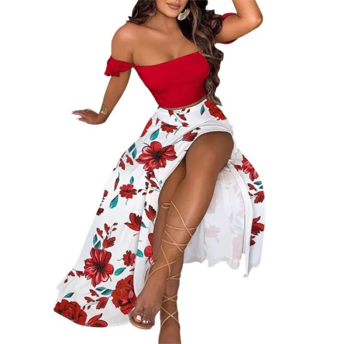Sexy Damen Set - langer Rock / schulterfreies Oberteil - Blumendruck