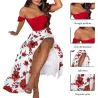 Sexy Damen Set - langer Rock / schulterfreies Oberteil - Blumendruck