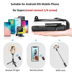 Palos selfiesPalo para selfies 4 en 1 - anillo de luz LED - inalámbrico - Bluetooth - mini trípode de mano - con control remoto