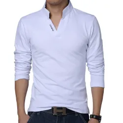 Klasyczna elegancka koszulka - ze stójką - długi rękaw - dopasowany krój - bawełnaT-shirt