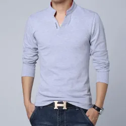 Klassisch elegantes T-Shirt - mit Stehkragen - Langarm - Slim Fit - Baumwolle