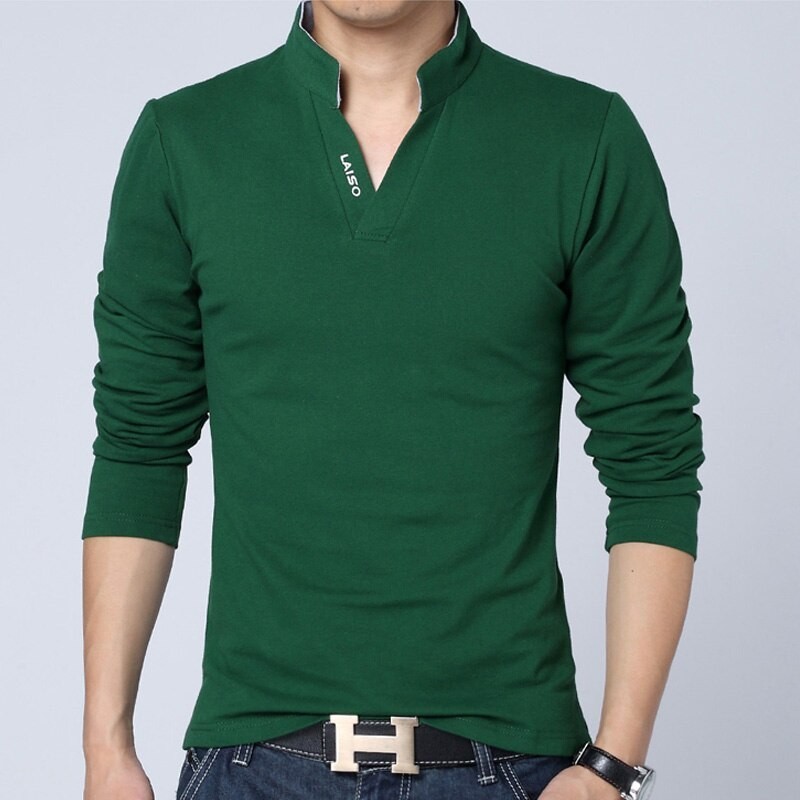 Classic elegant t-shirt - with mandarin collar - long sleeve - slim fit - cotton