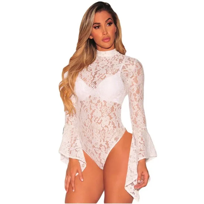Sexy bodysuit - bloemenkant - met halve col - lange mouw - open rugBlouses & overhemden