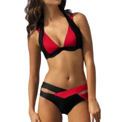 Seksowny dwuczęściowy komplet bikini - wiązany na szyję - dwukolorowyStroje Kąpielowe