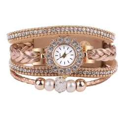 Multilayer armband met een rond horloge - kristallen / kralenArmbanden