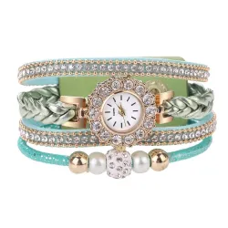 Mehrschichtiges Armband mit runder Uhr - Kristalle / Perlen