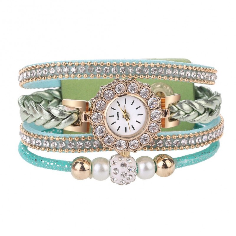 Multilayer bracelet with a round watch - crystals / beads