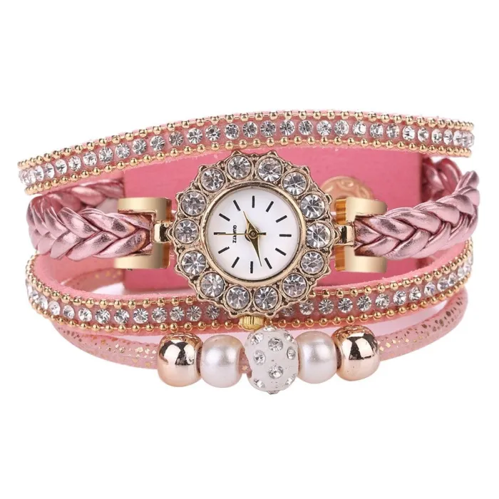 Mehrschichtiges Armband mit runder Uhr - Kristalle / Perlen